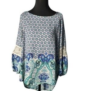 Cato Boho Tunic Top Crochet Sleeve Paisley Print Blouse Bohemian Style